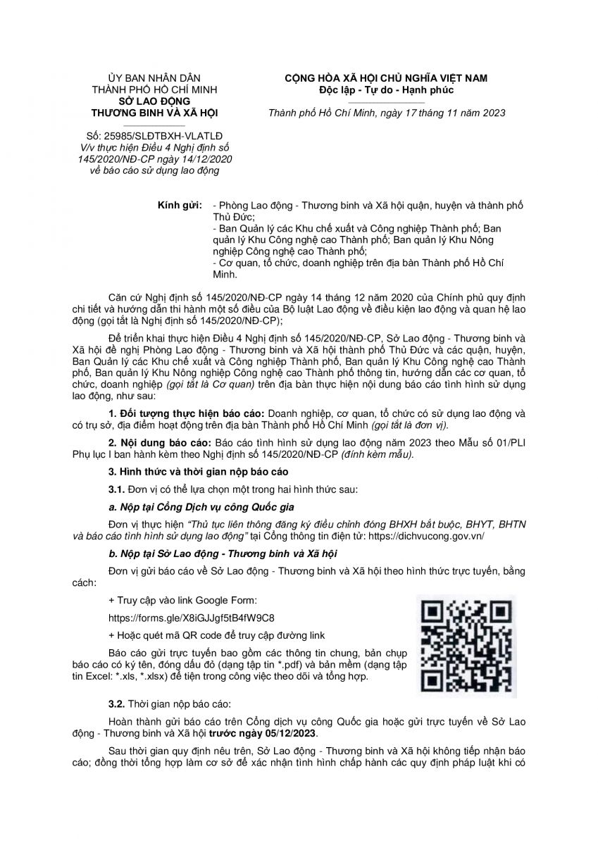 Công văn số 25985/SLĐTBXH-VLATLĐ của Sở Lao động Thương binh và Xã hội Thành phố Hồ Chí Minh về thực hiện Điều 4 Nghị định 145/2020/NĐ-CP ngày 14/12/2020 về báo cáo sử dụng lao động